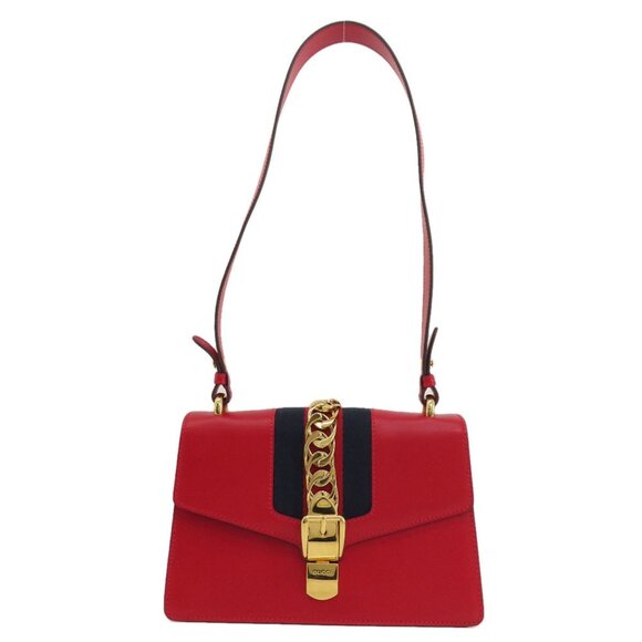 GUCCI Red Leather Sylvie Shoulder Bag - Picture 1 of 11